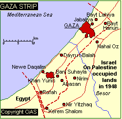 Gaza Strip - Covers about 378 sq km and extends northeast from the Sinai Peninsula along the Mediterranean for about 40 km (about 25 mi).